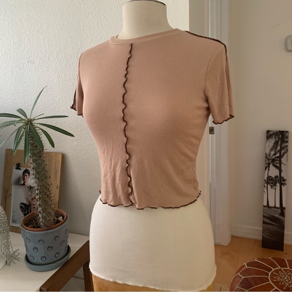 Self Esteem Tops - Self Esteem Tan and brown Short sleeve cropped top; lightweight ribbed texture